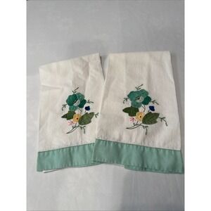 Vintage Floral Embroidered Applique Hand Towels‎ Set 2 Kitchen Bathroom Spring
